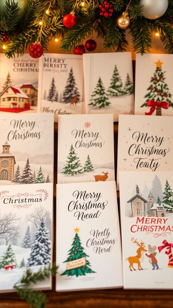 A collection of creative Christmas cards with different designs on a festive table.